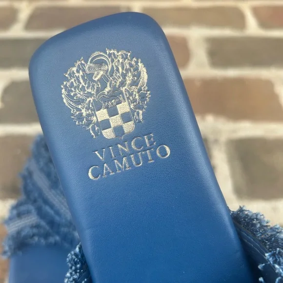 Vince Camuto Alanina Blue Denim Frayed Fringe Square Toe Flat Slides Mules 10 - Picture 5 of 8